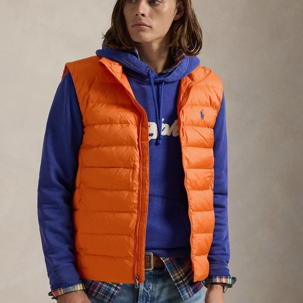 Polo by Ralph Lauren Men's Orange Puffer Vest with navy pony - NWT - Medium